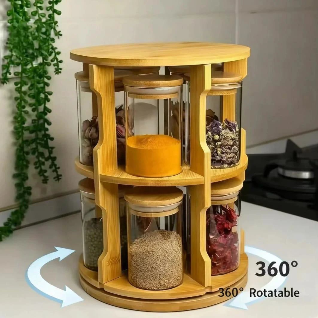 360° Bamboo Rotating Spice Jar Set – 10-Piece 300ml Glass Spice Containers with Bamboo Stand spice organizers Spice Organizers
