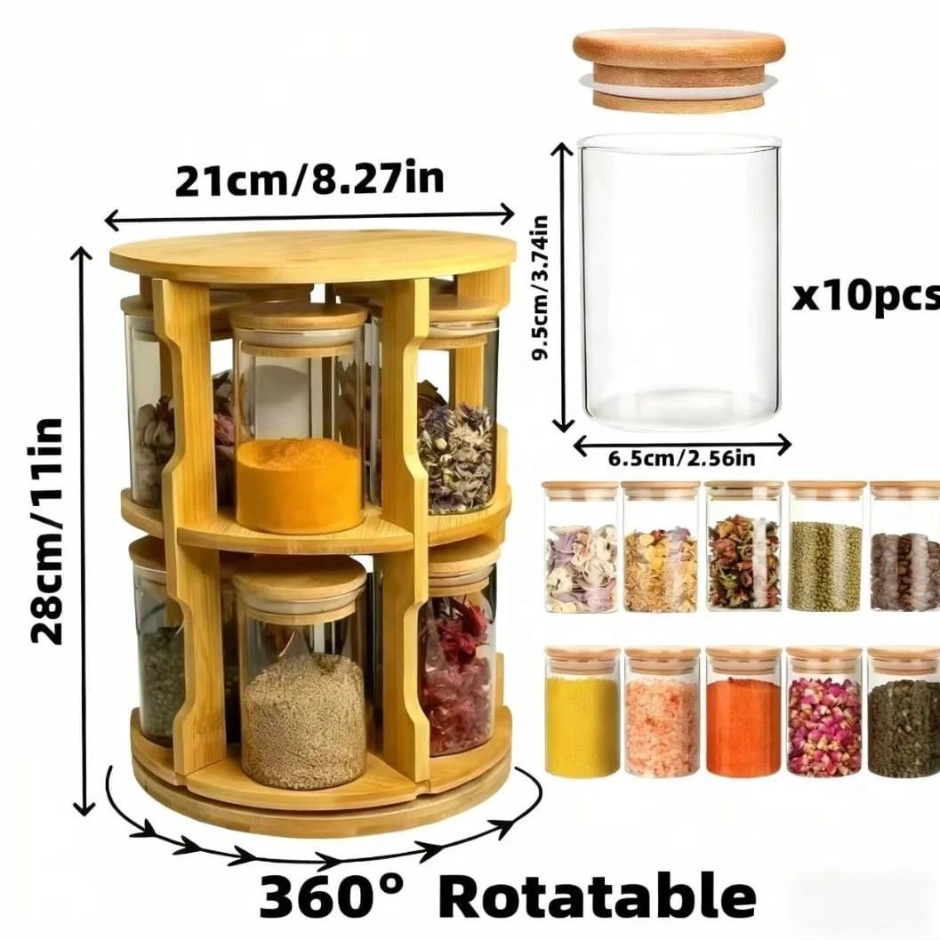 360° Bamboo Rotating Spice Jar Set – 10-Piece 300ml Glass Spice Containers with Bamboo Stand spice organizers Spice Organizers