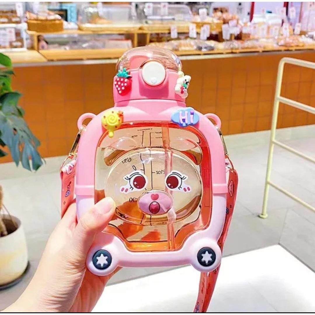 1000ML Cartoon Teddy Bear Water Bottle with Straw and Strap Cute Kids Water Bottle for Indoor & Outdoor Use