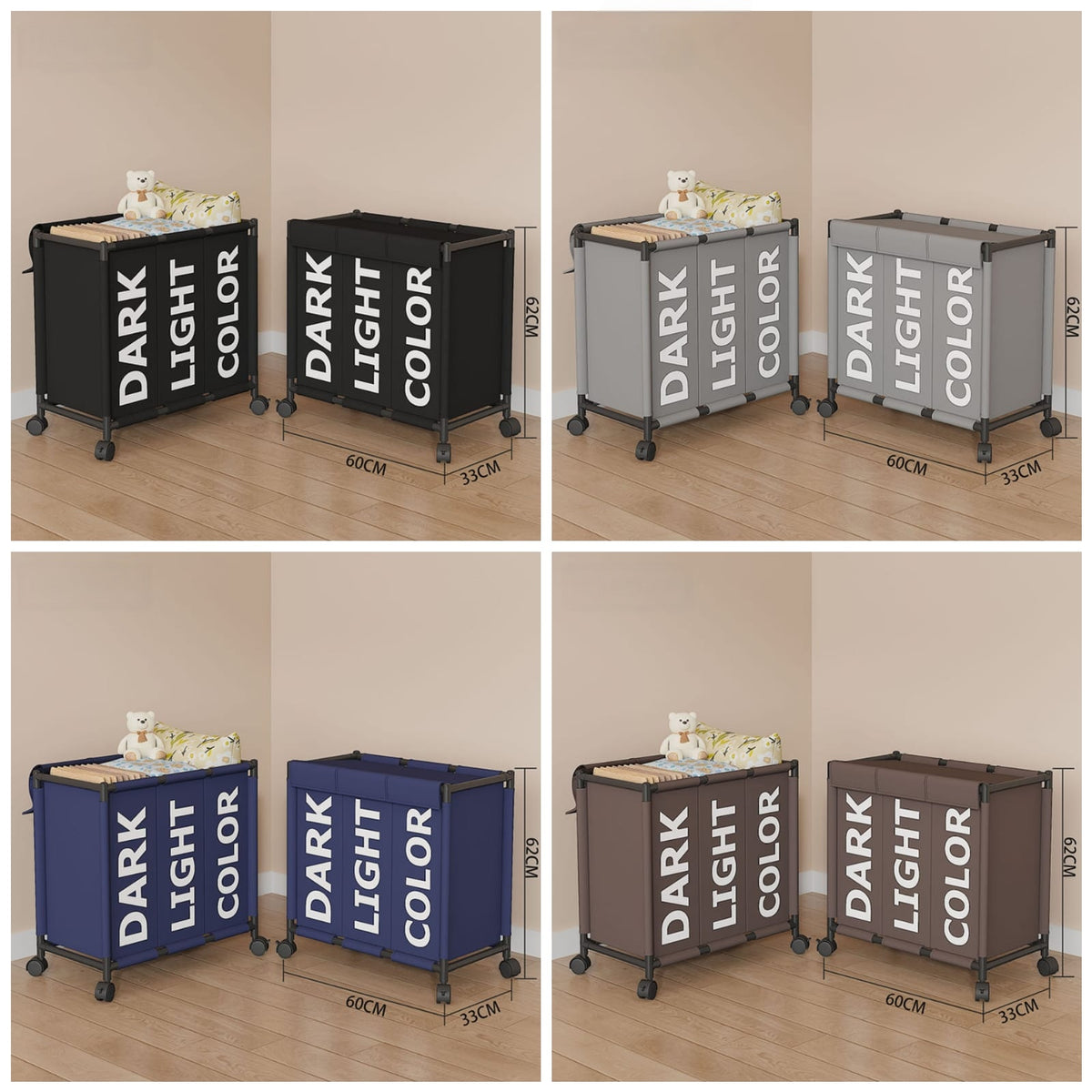 3-Compartment Oxford Fabric Laundry Basket with Wheels
