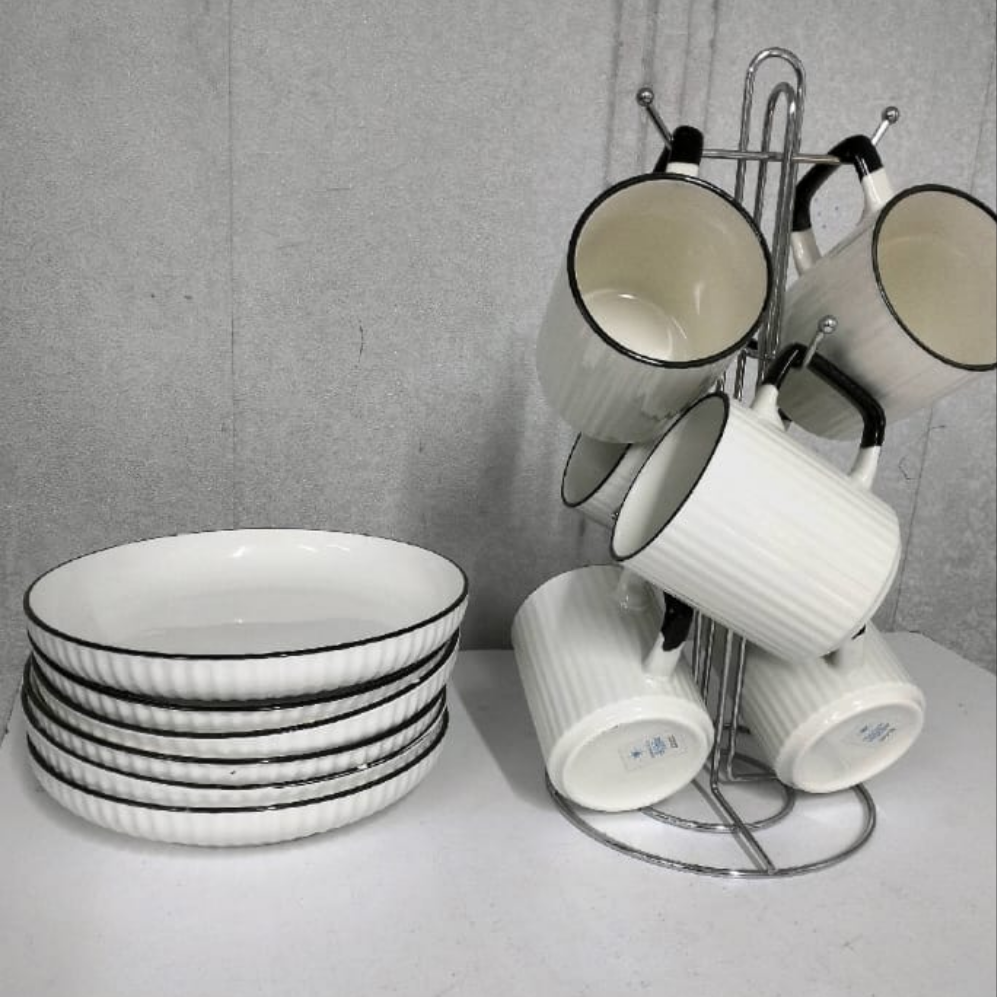 10pcs Ceramic Mug and Plate Set with Metal Stand – White with Black Rim