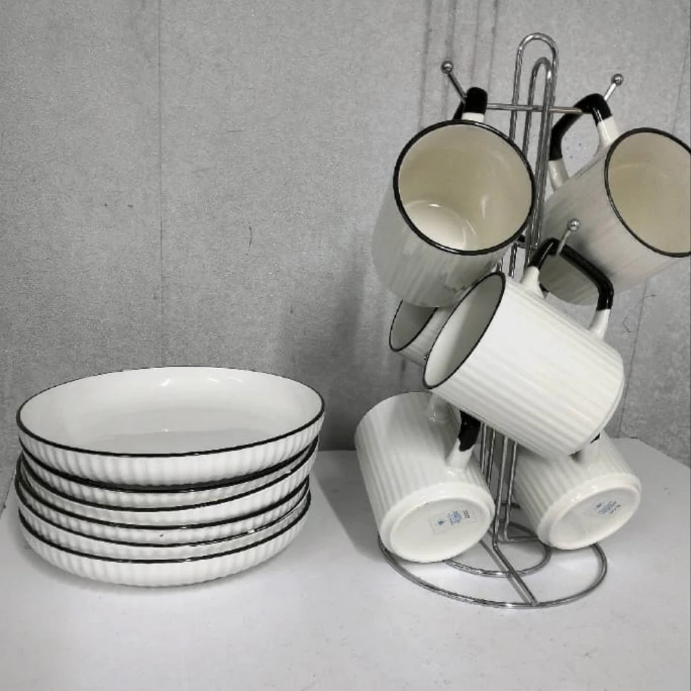 10pcs Ceramic Mug and Plate Set with Metal Stand – White with Black Rim