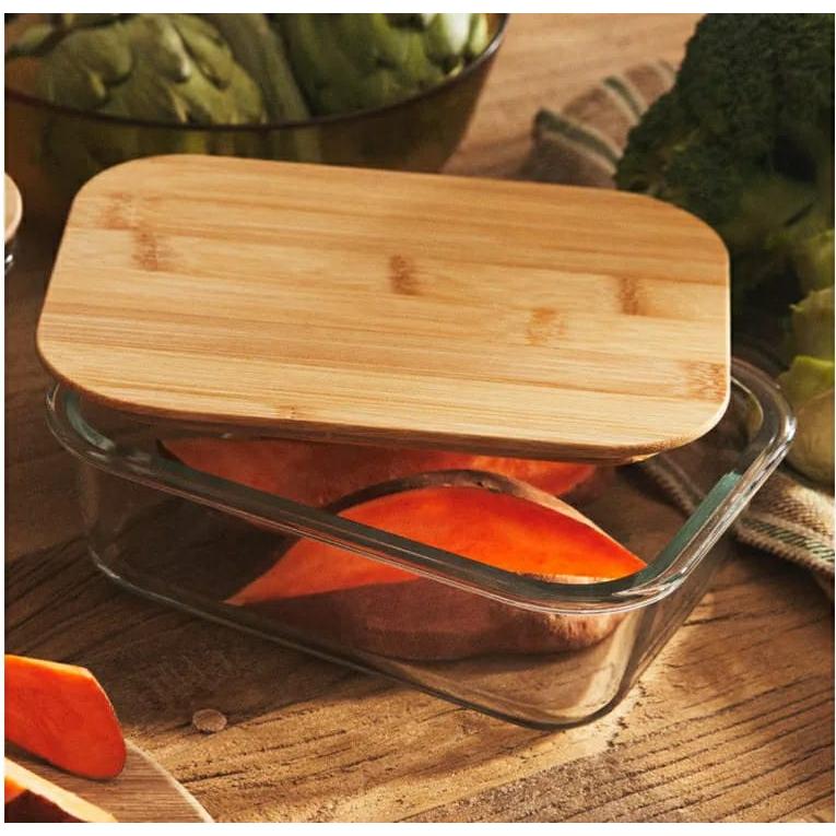 1100ml Bamboo Snack Box – Glass Container with Bamboo Lid for Food Storage