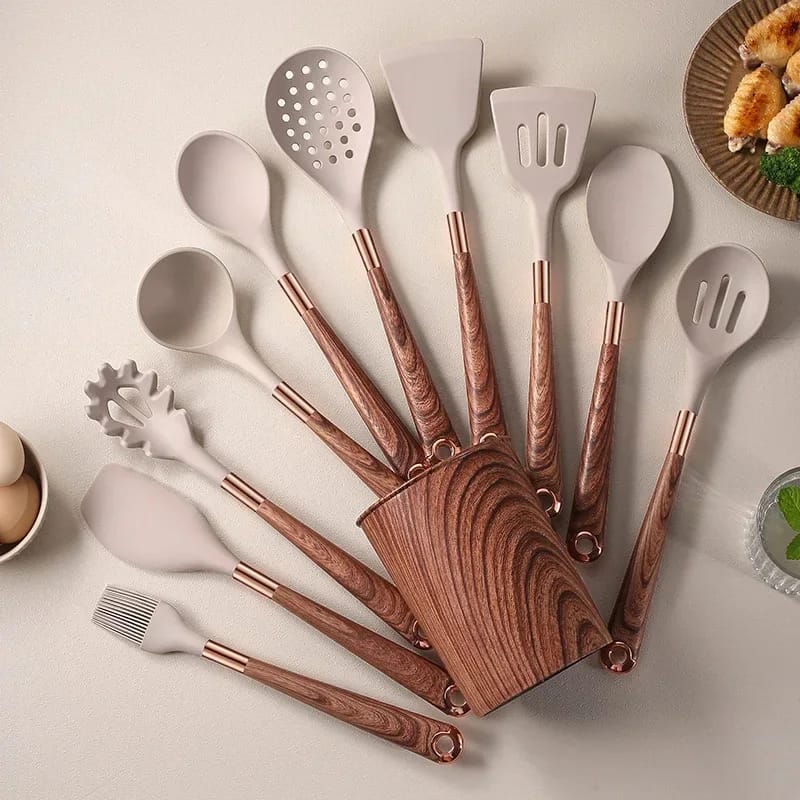 11pcs Durable Silicone Spoons Set with Gold Plated Wooden Handles and Round Holder