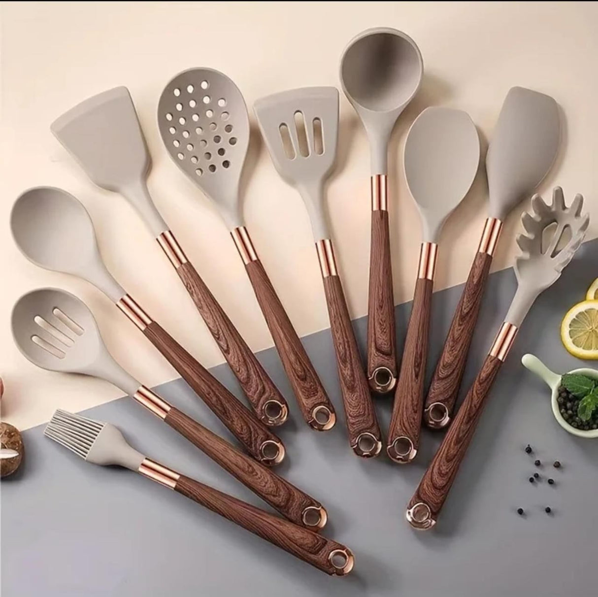 11pcs Durable Silicone Spoons Set with Gold Plated Wooden Handles and Round Holder