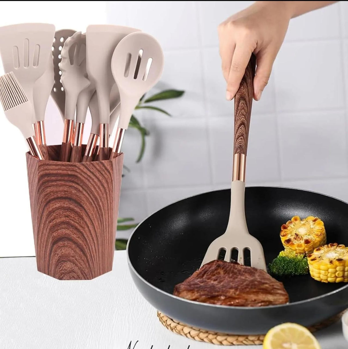 11pcs Durable Silicone Spoons Set with Gold Plated Wooden Handles and Round Holder