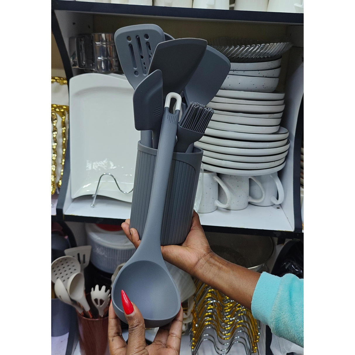 11pcs Heavy Duty Silicone Cooking and Serving Spoon Set with TPR Handles