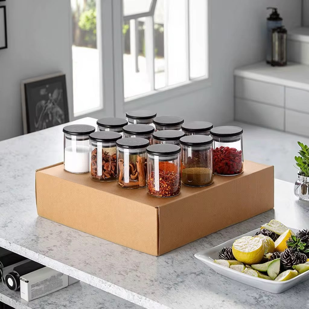 12-Piece Glass Spice Jar Set – 200ml with Black Bamboo Lids + Free Stickers & Pen | Airtight Kitchen Storage
