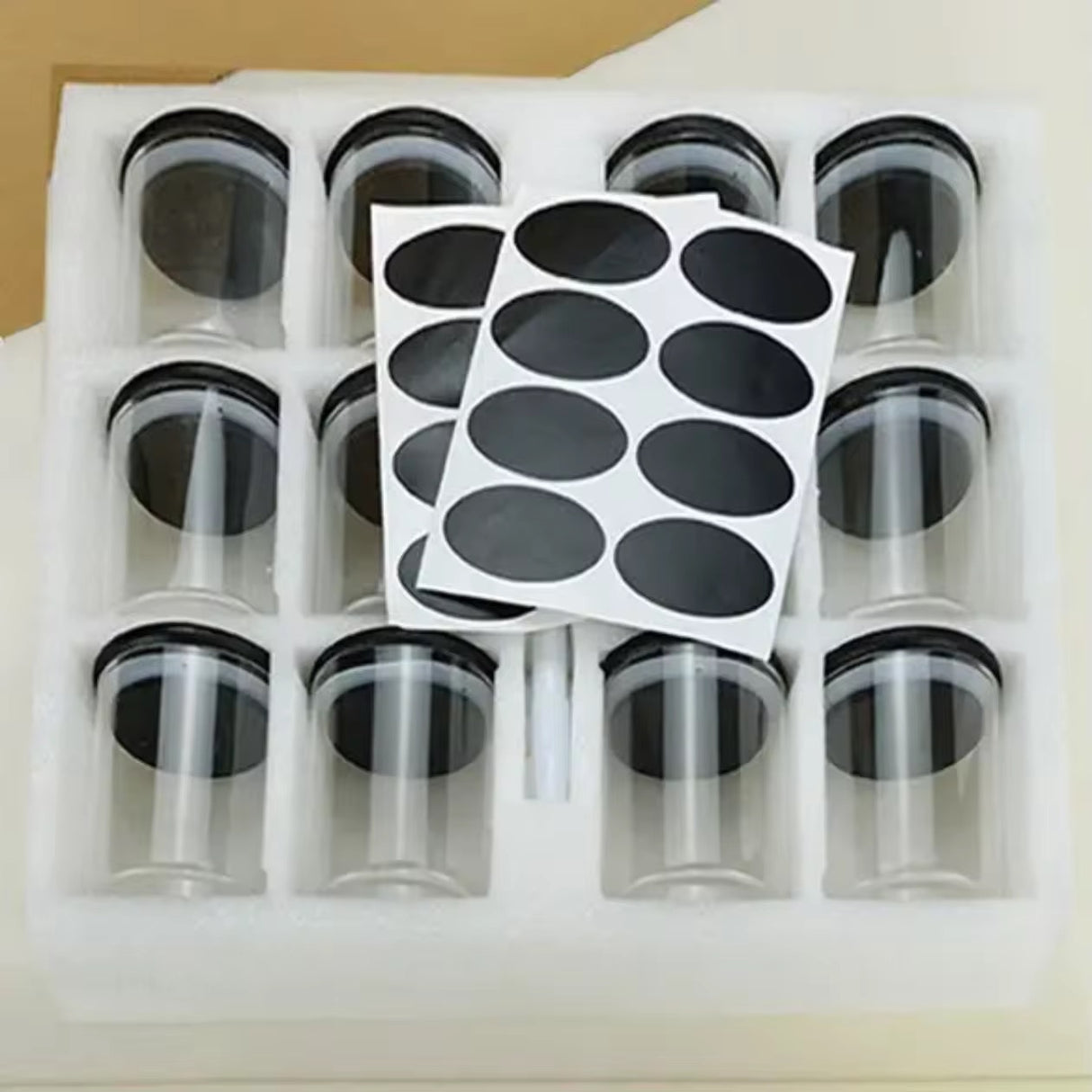 12-Piece Glass Spice Jar Set – 200ml with Black Bamboo Lids + Free Stickers & Pen | Airtight Kitchen Storage