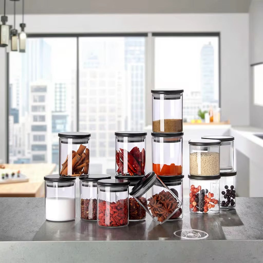 12-Piece Glass Spice Jar Set – 200ml with Black Bamboo Lids + Free Stickers & Pen | Airtight Kitchen Storage