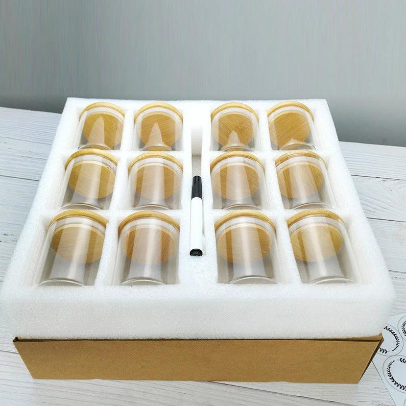 12-Piece Round Glass Jars Set with Bamboo Lids – 300ml Kitchen Storage Spice Organizers