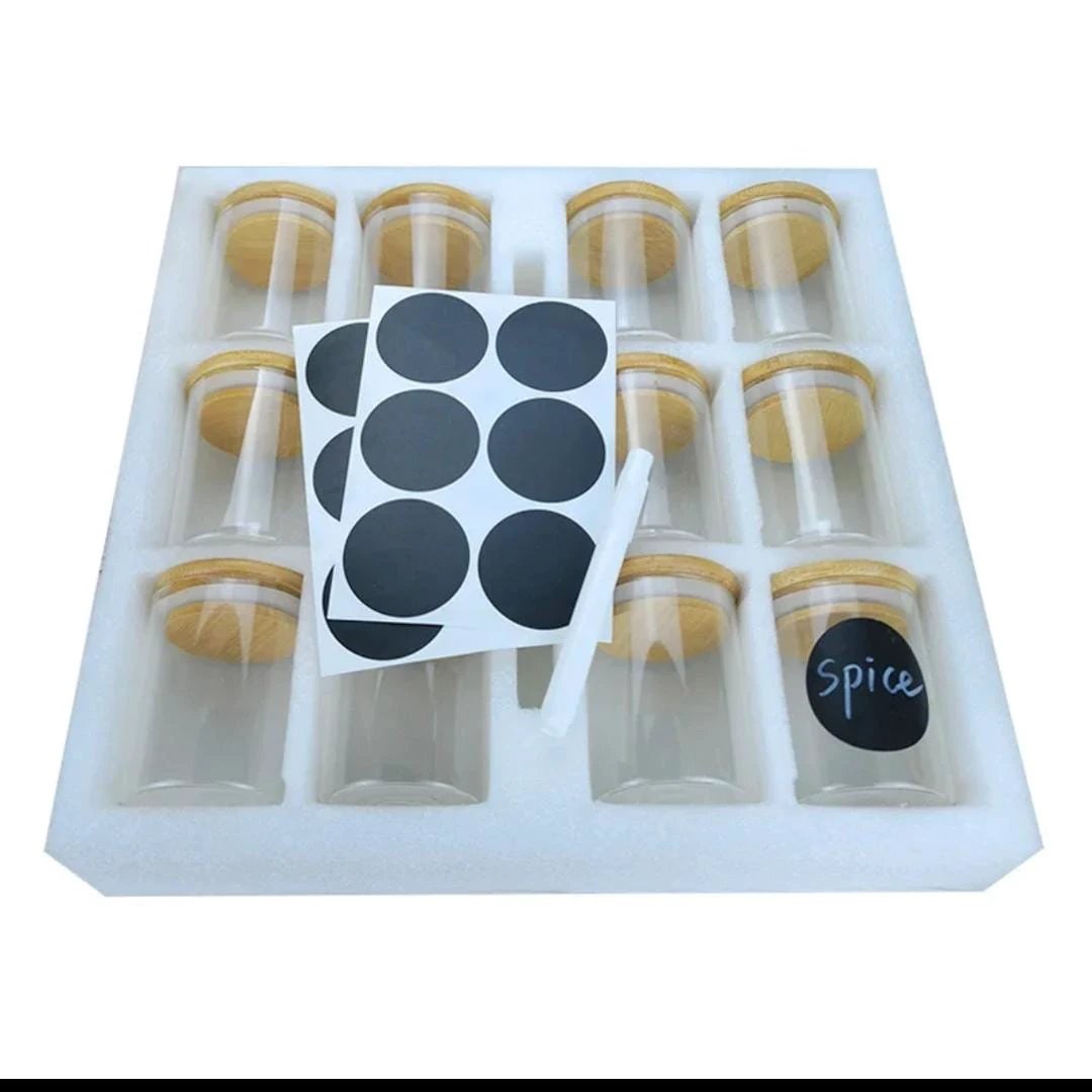 12-Piece Round Glass Jars Set with Bamboo Lids – 300ml Kitchen Storage Spice Organizers