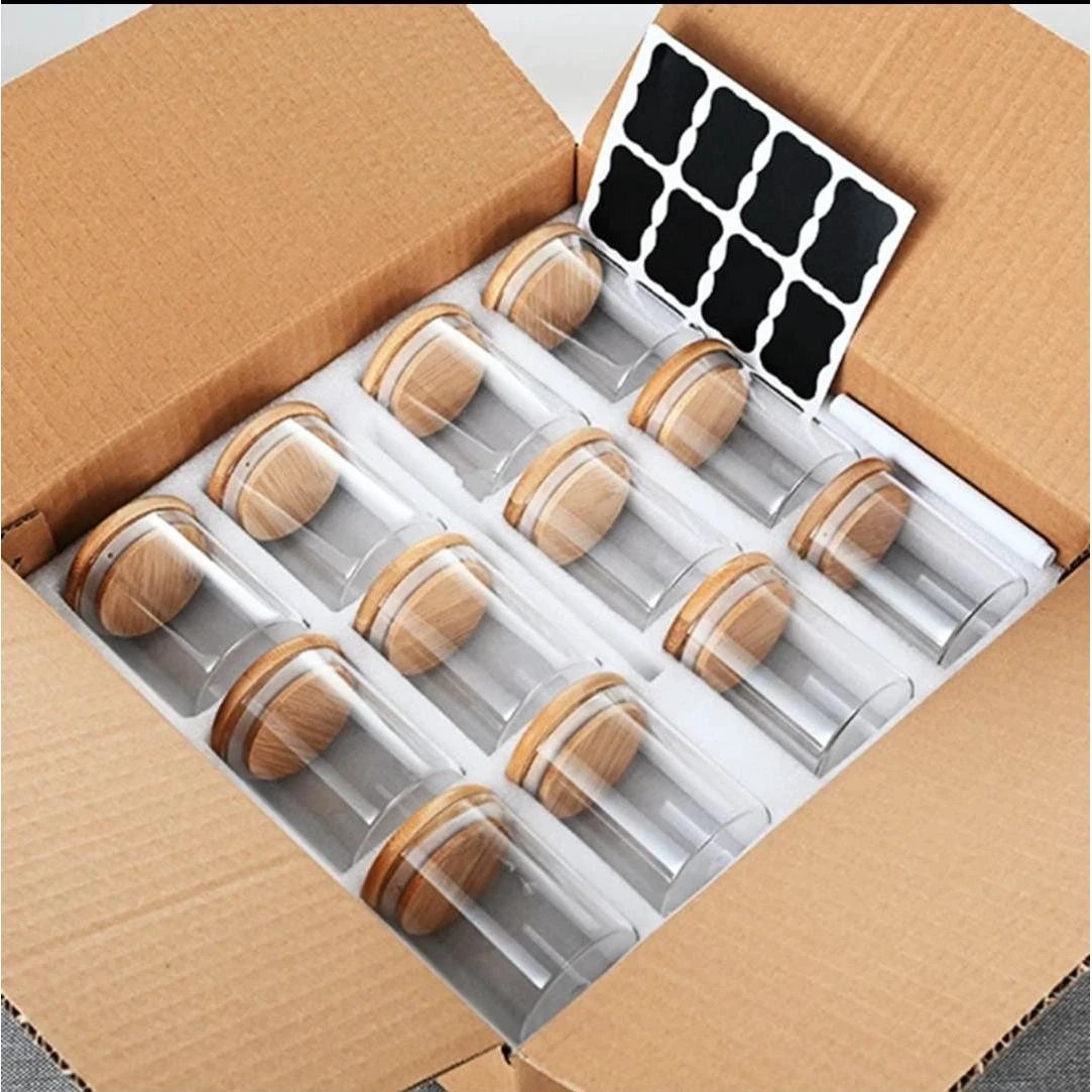 12-Piece Round Glass Jars Set with Bamboo Lids – 300ml Kitchen Storage Spice Organizers