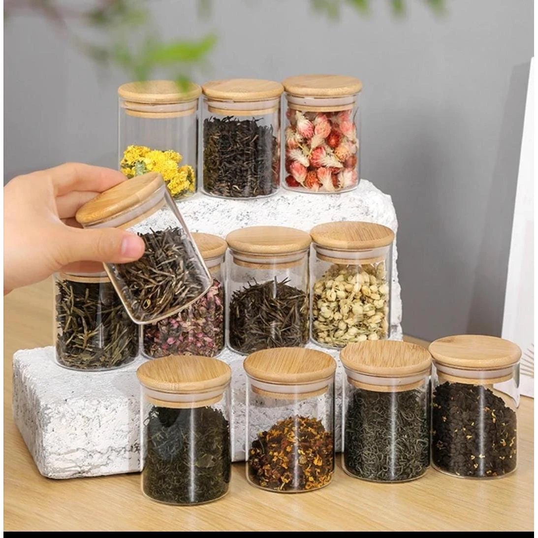 12-Piece Round Glass Jars Set with Bamboo Lids – 300ml Kitchen Storage Spice Organizers