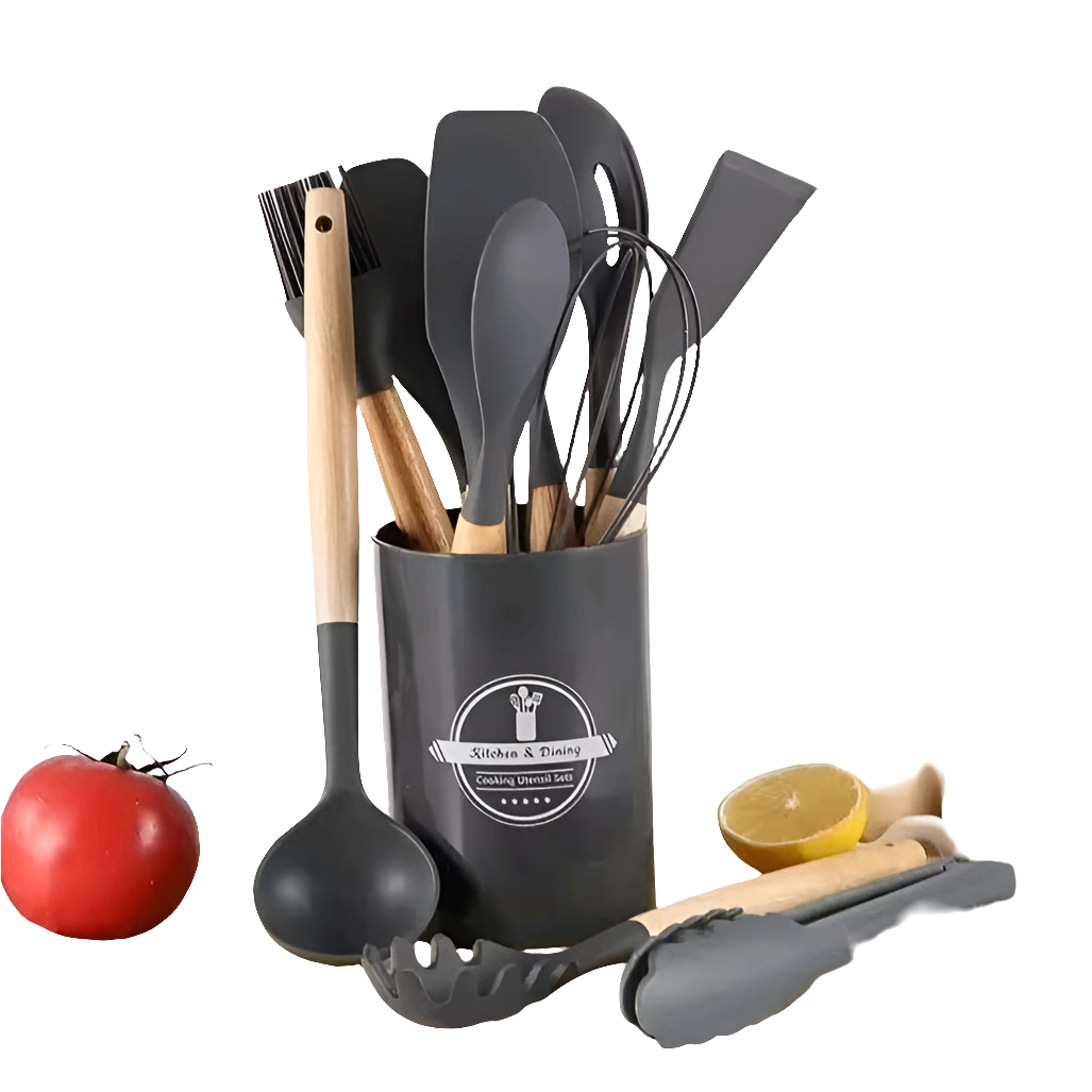 12 in 1 Silicone Cooking & Serving Spoon Set with Holder – Multiple Colours