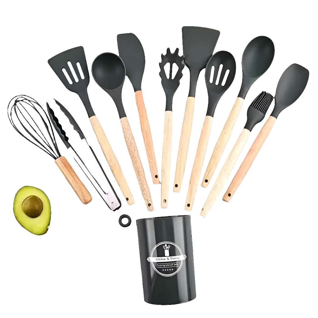 12 in 1 Silicone Cooking & Serving Spoon Set with Holder – Multiple Colours