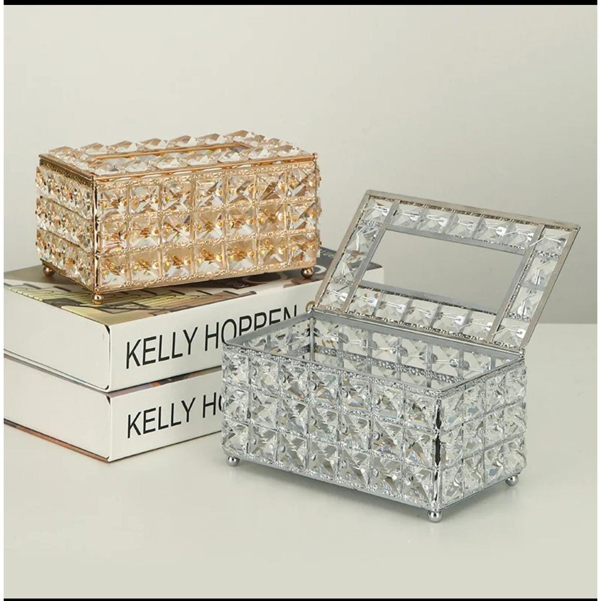 Luxury Crystal Tissue Box Holder – Gold & Silver | Elegant Serviette Organizer