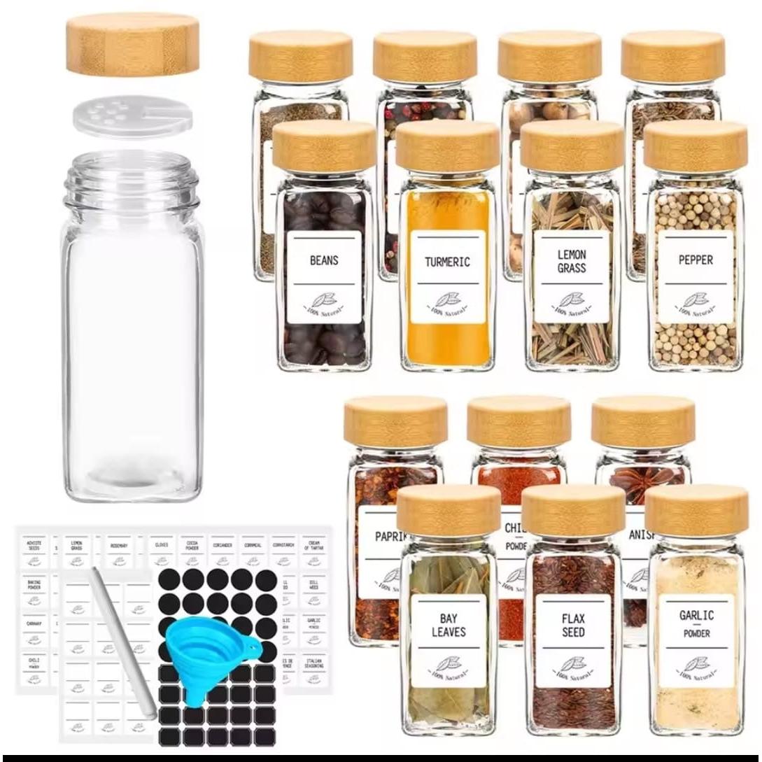 12pc Premium Thick Glass Spice Jar Set – 120ml with Bamboo Lids, Stickers, Funnel & Pen