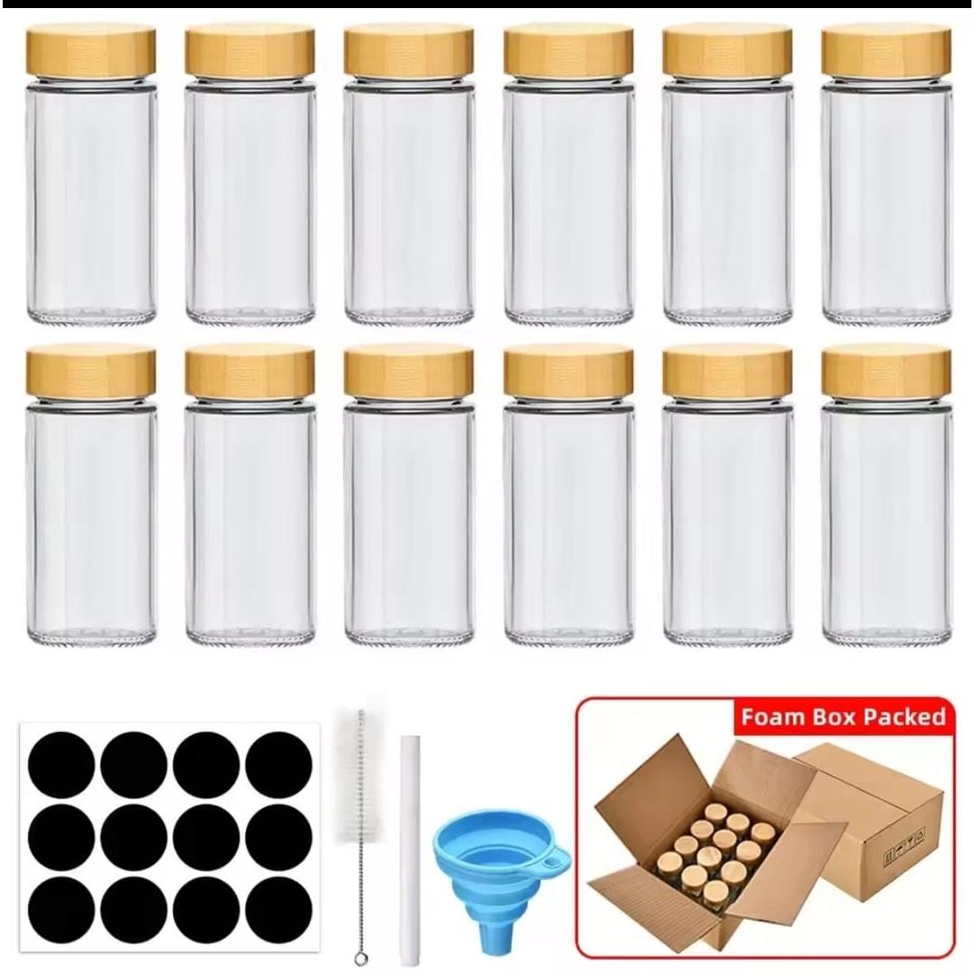 12pc Premium Thick Glass Spice Jar Set – 120ml with Bamboo Lids, Stickers, Funnel & Pen