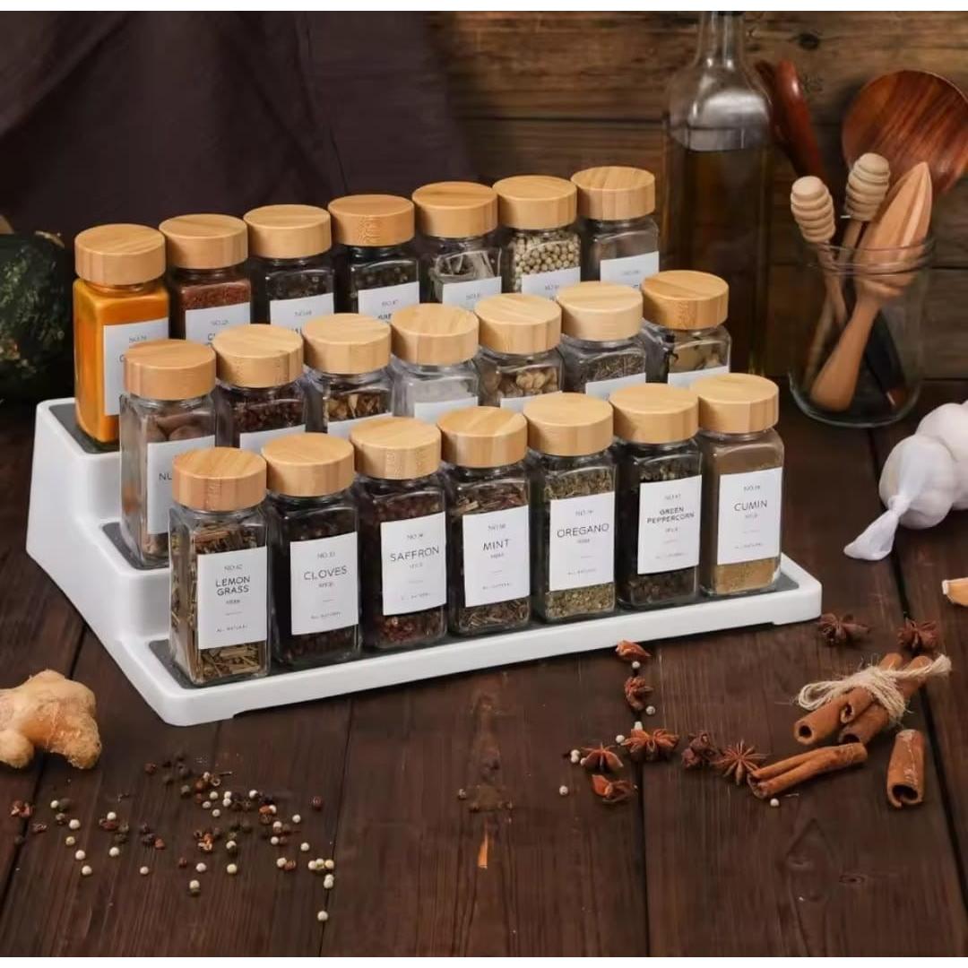 12pc Premium Thick Glass Spice Jar Set – 120ml with Bamboo Lids, Stickers, Funnel & Pen