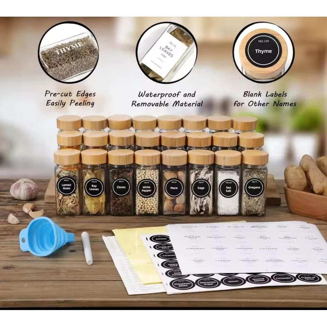 12pc Premium Thick Glass Spice Jar Set – 120ml with Bamboo Lids, Stickers, Funnel & Pen Spice Jar Food Storage Containers