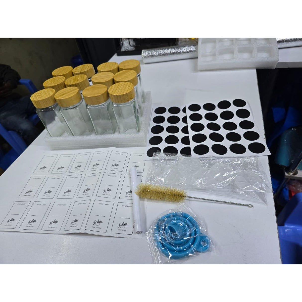 12pc Premium Thick Glass Spice Jar Set – 120ml with Bamboo Lids, Stickers, Funnel & Pen