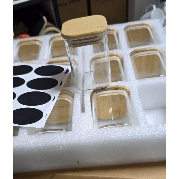 12pc Square Glass Spice Jar Set – 300ml with Bamboo Lids, Stickers & Pen Spice Jar Food Storage Containers