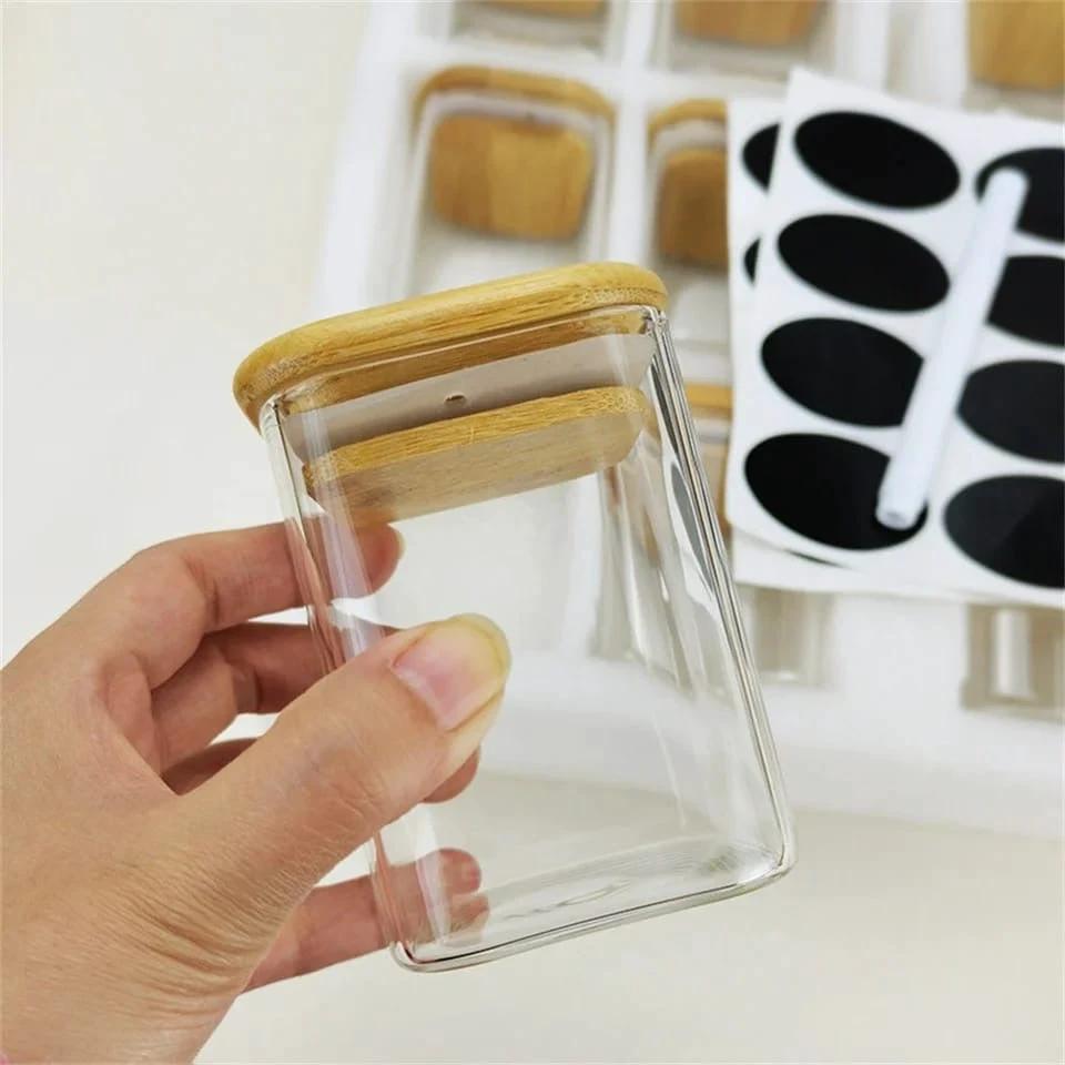 12pc Square Glass Spice Jar Set – 300ml with Bamboo Lids, Stickers & Pen Spice Jar Food Storage Containers