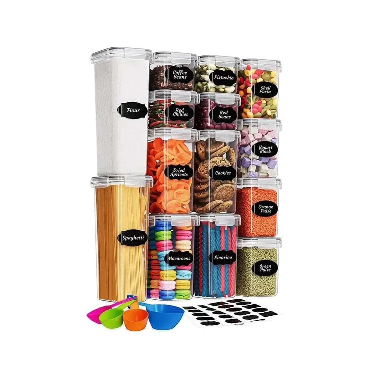 14pcs BPA Free Airtight Plastic Container Set | Stackable Kitchen Food Storage | Measuring Cups, Labels & Pen Included