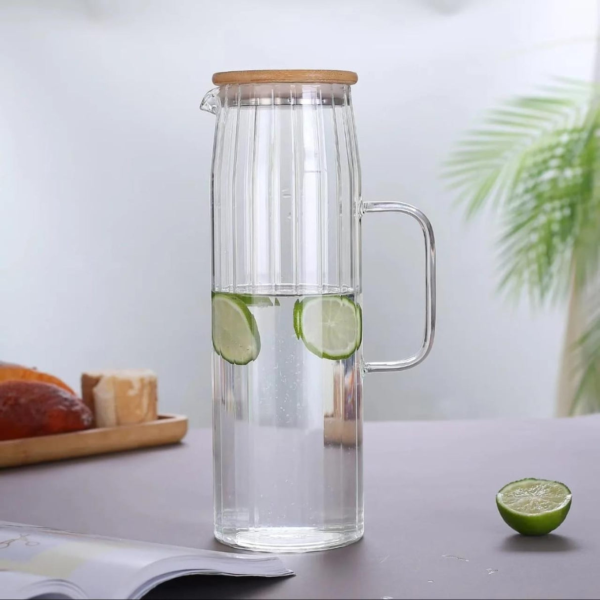 1.5L Clear Ribbed Borosilicate Glass Juice and Water Jug with Bamboo Lid