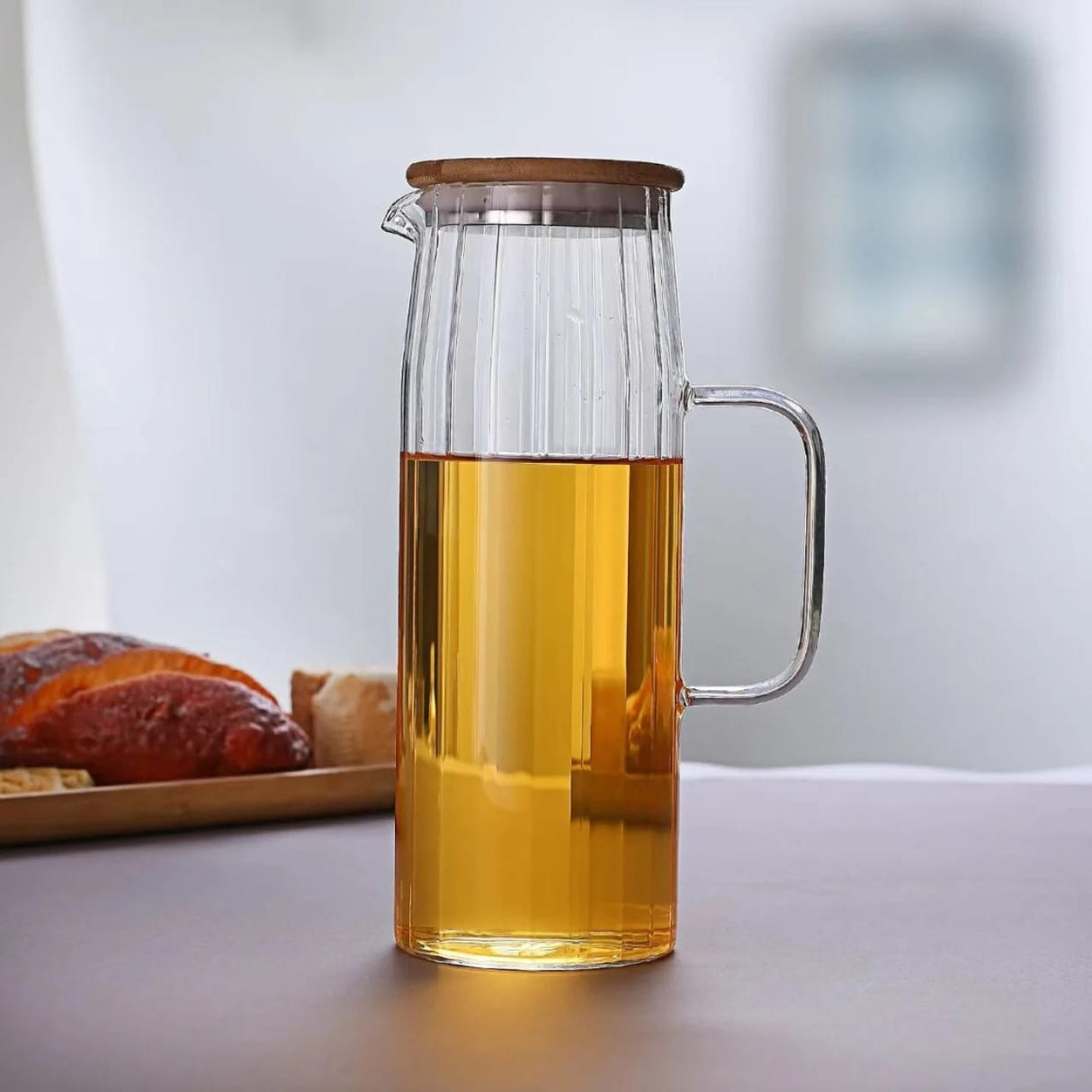 1.5L Clear Ribbed Borosilicate Glass Juice and Water Jug with Bamboo Lid