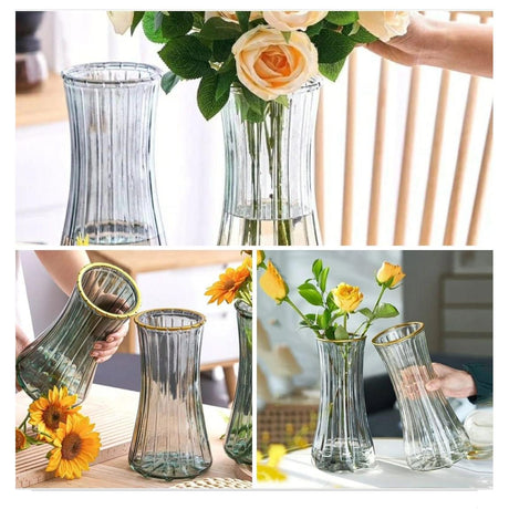 1pc Elegant Striped Hard Glass Flower Vase | Decorative Vase for Home & Office
