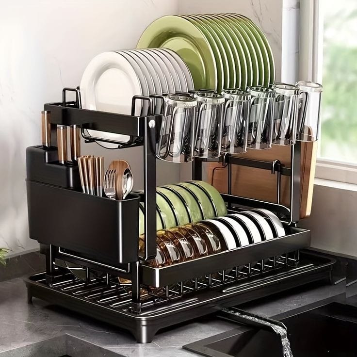 2 Layer Carbon Coated Dish Rack with 360° Swivel Spout