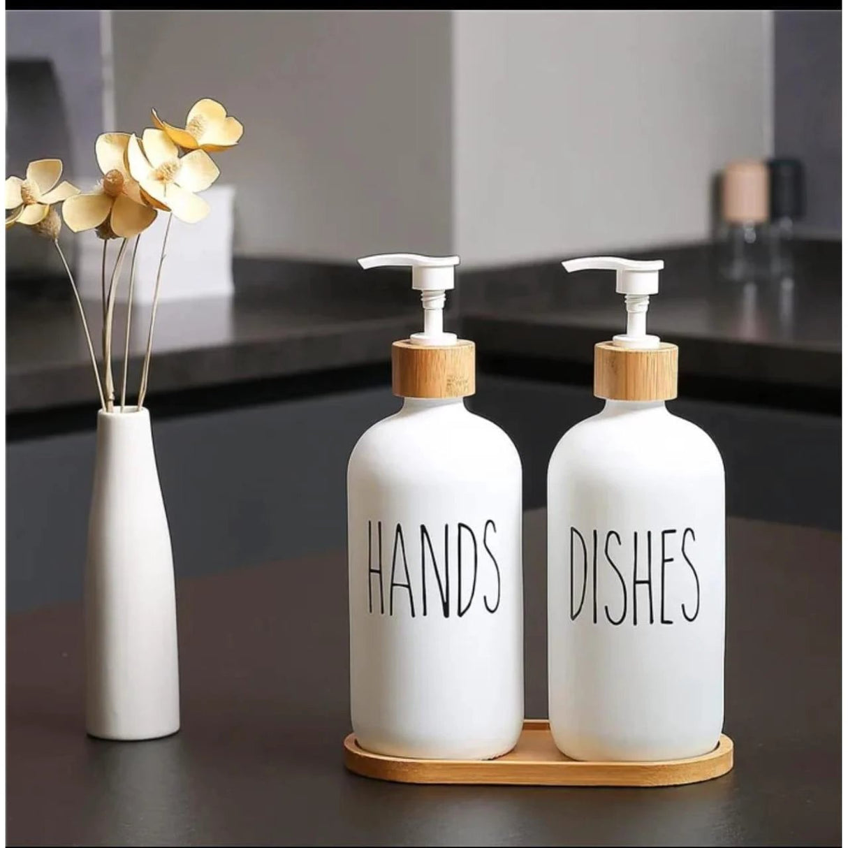 2-Piece Ceramic Soap & Lotion Dispenser Set with Bamboo Tray – 500ml | Hands/Dishes & Soap/Lotion Labels | Black & White Soap & Lotion Dispensers