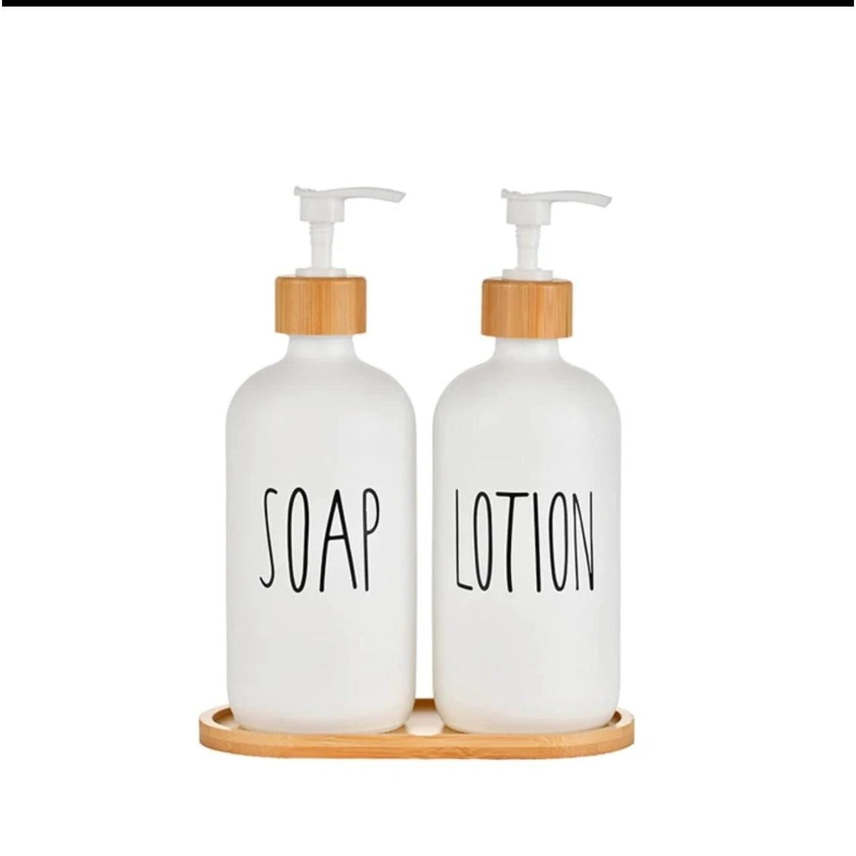 2-Piece Ceramic Soap & Lotion Dispenser Set with Bamboo Tray – 500ml | Hands/Dishes & Soap/Lotion Labels | Black & White Soap & Lotion Dispensers