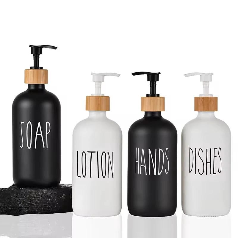 2-Piece Ceramic Soap & Lotion Dispenser Set with Bamboo Tray – 500ml | Hands/Dishes & Soap/Lotion Labels | Black & White Soap & Lotion Dispensers