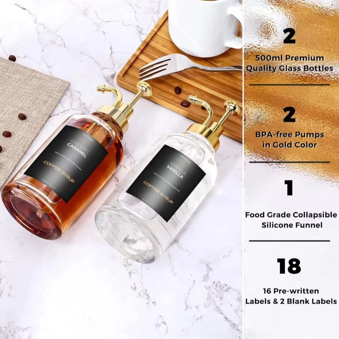 2 Piece Set Coffee Syrup Dispenser 500ml Glass Bottles with Labels.