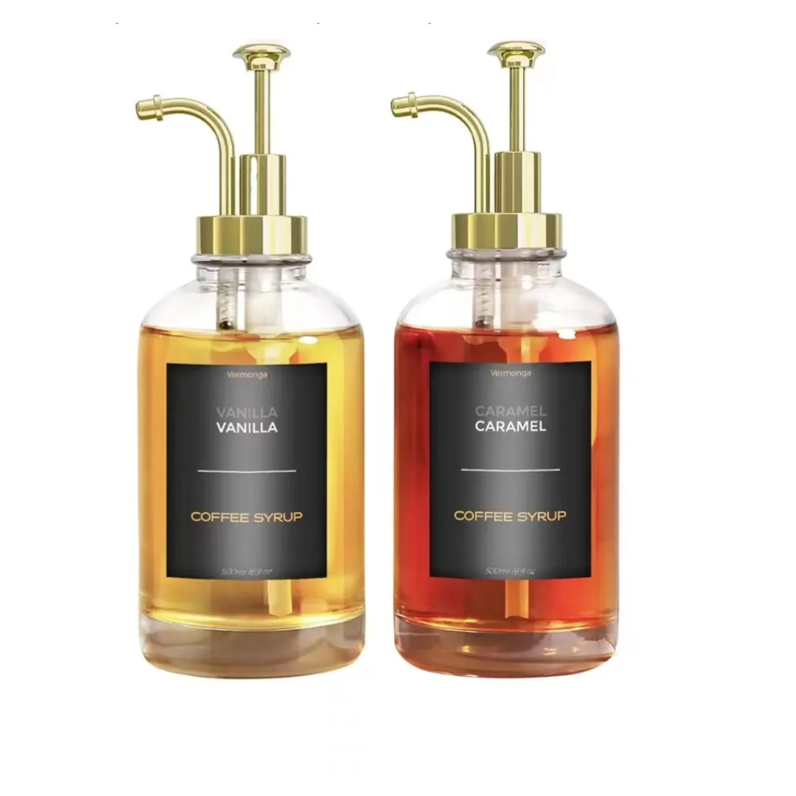 2 Piece Set Coffee Syrup Dispenser 500ml Glass Bottles with Labels.