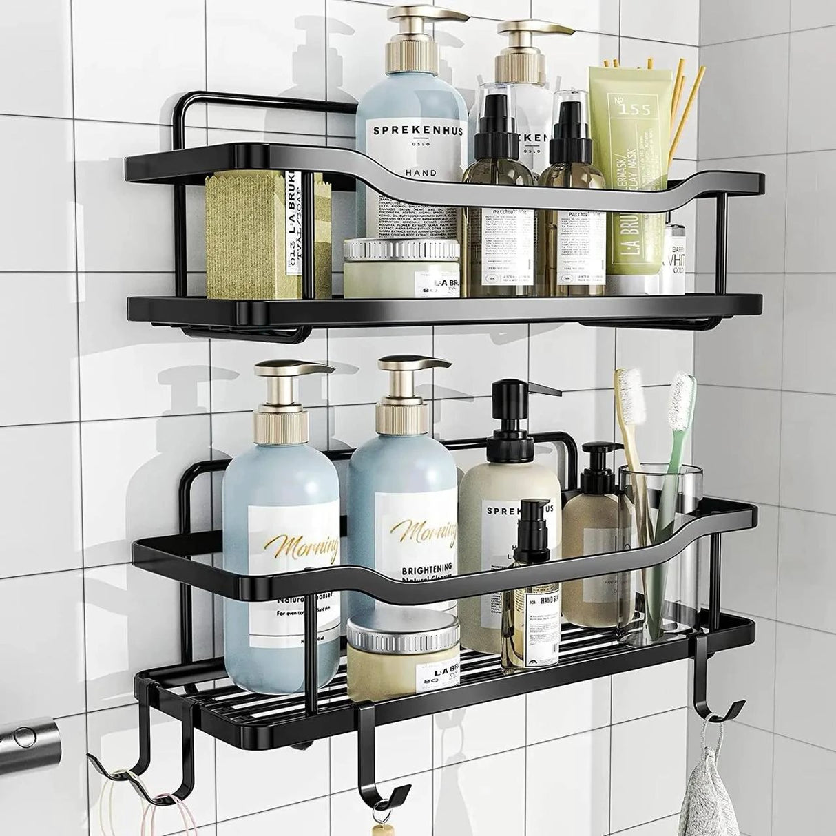 2 Piece Set Shower Caddy & Kitchen Shelf | Rustproof, Adhesive, No Drilling Required | Bathroom & Kitchen Organizer Bathroom Storage Wall-Mounted Caddies