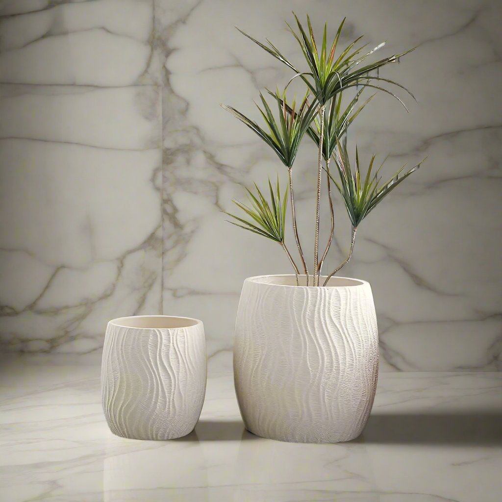 2 Piece Set of High Quality Concrete Creative Design Flower Pots Planters with Drainage Hole (Indoor/Outdoor)