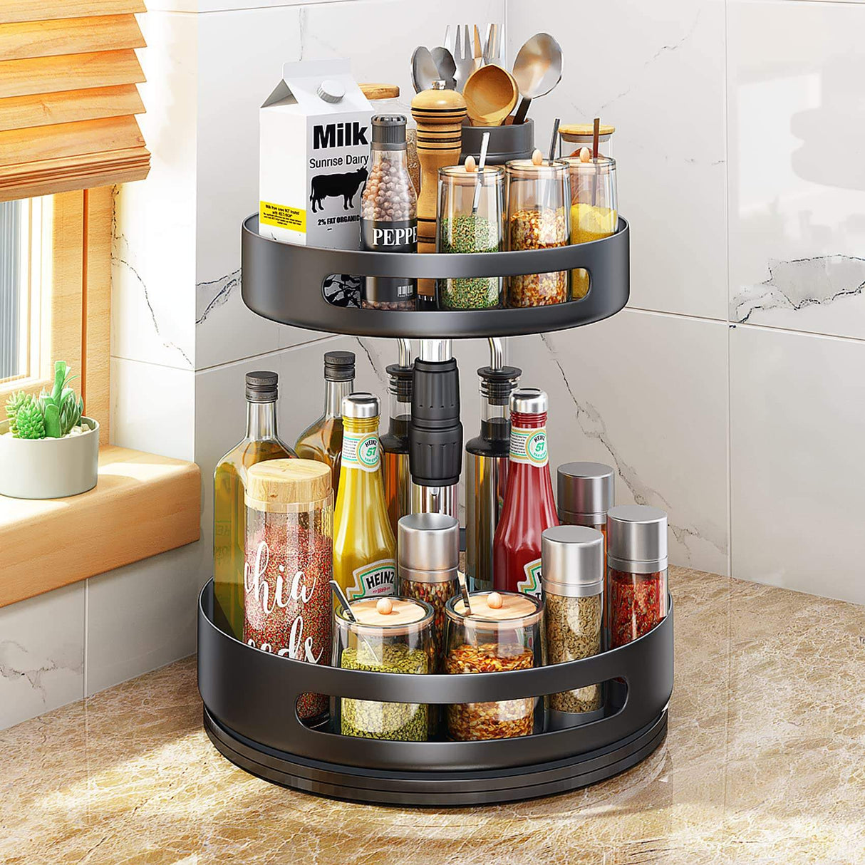 2 Tier Adjustable Lazy Susan Turntable | Rotating Spice Rack for Kitchen & Bathroom