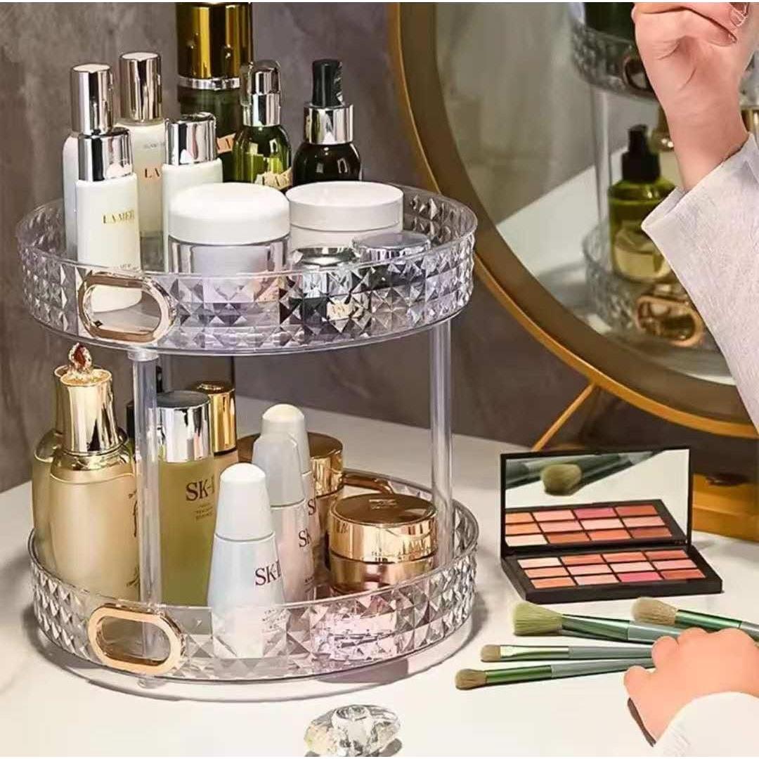 2-Tier Diamond Acrylic Rotating Organizer | Lazy Susan | Clear with Gold Handles – 27.5cm