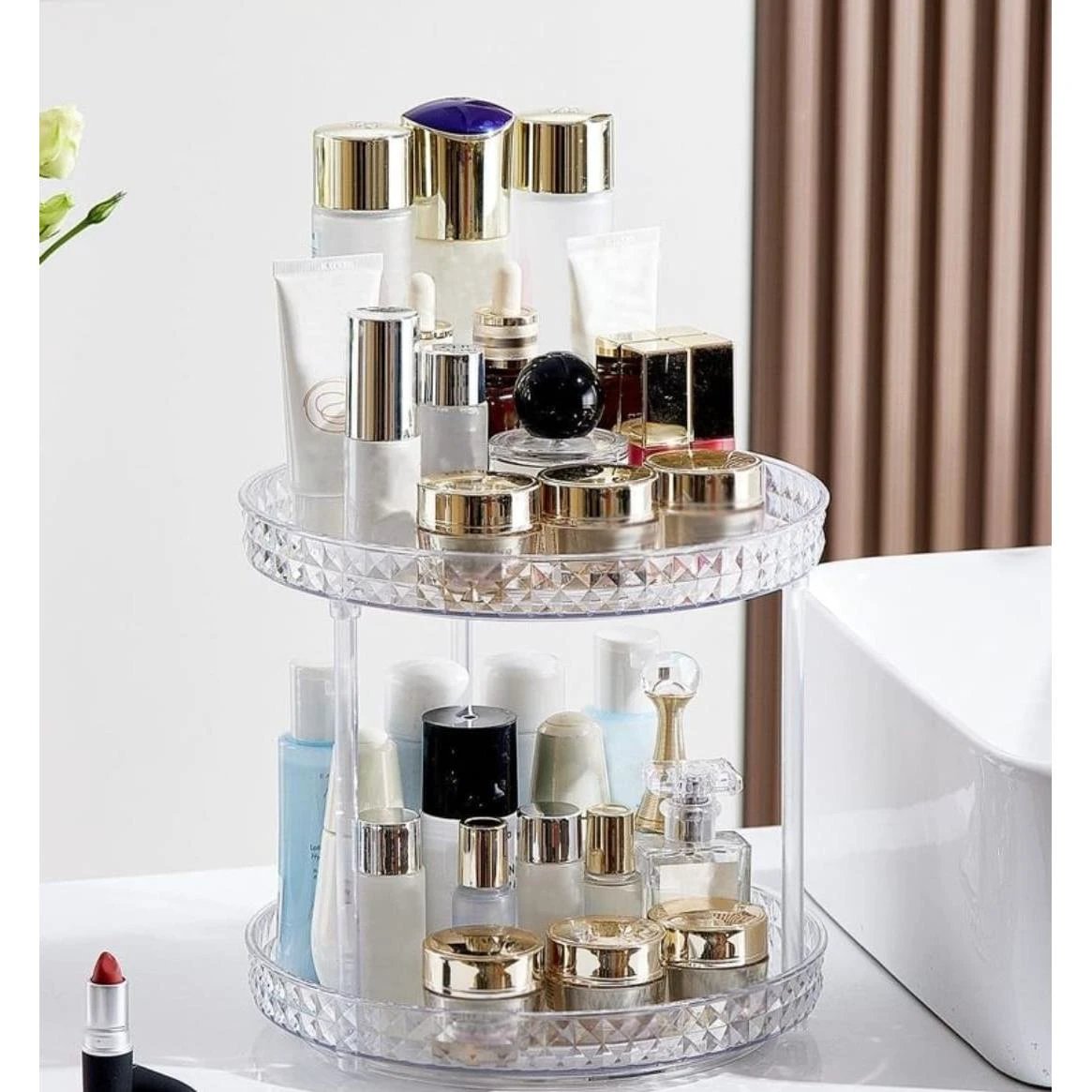 2-Tier Diamond Pattern Rotating Lazy Susan with Gold Handles Lazy Susan Organizers