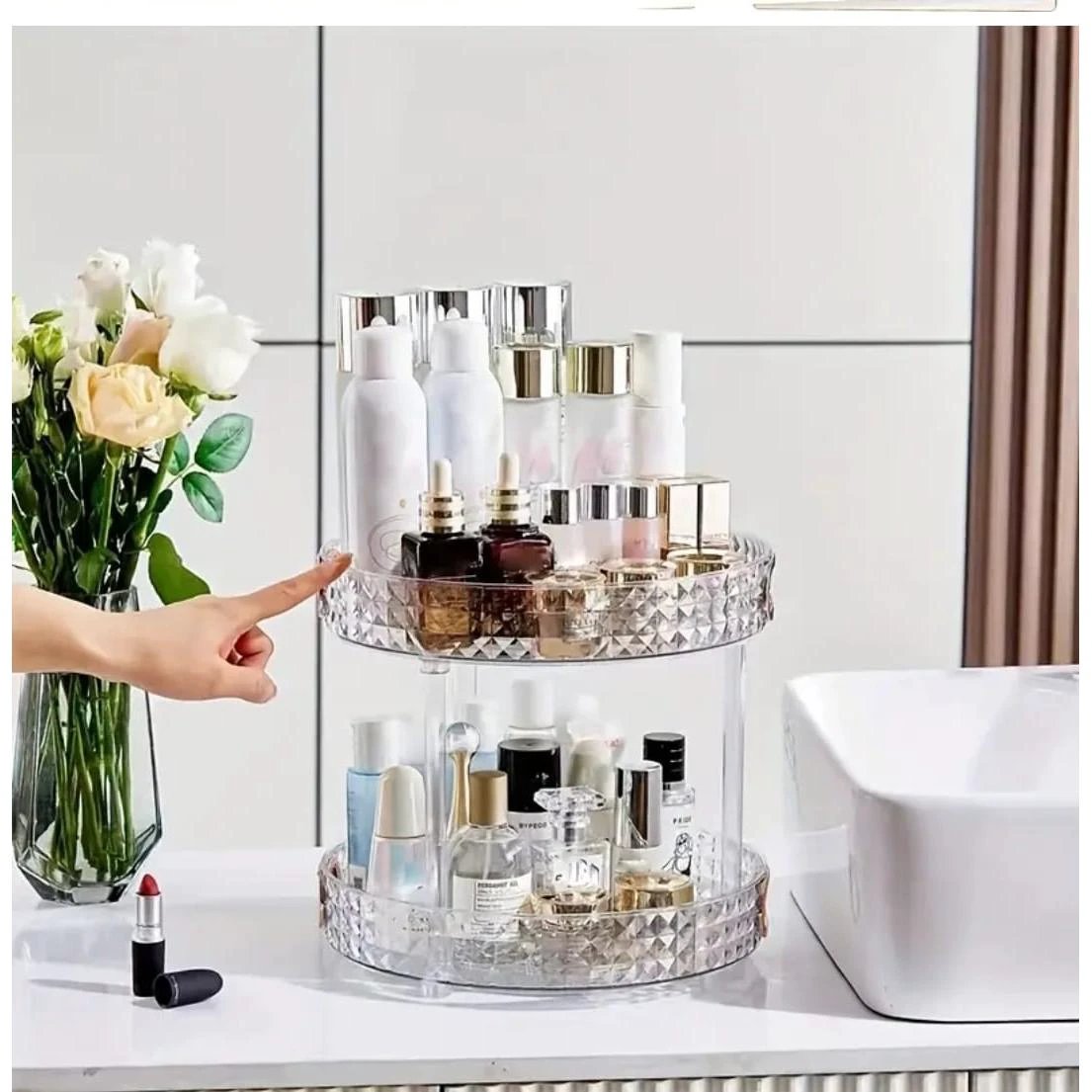 2-Tier Diamond Pattern Rotating Lazy Susan with Gold Handles Lazy Susan Organizers