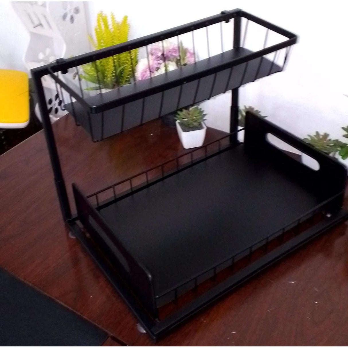 2 Tier Metallic Sliding Pull Out Cabinet Organizer Rack Kitchen Rack Storage Hooks & Racks