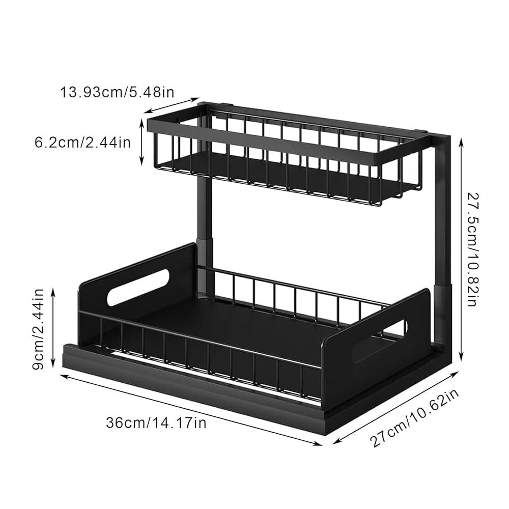 2 Tier Metallic Sliding Pull Out Cabinet Organizer Rack Kitchen Rack Storage Hooks & Racks