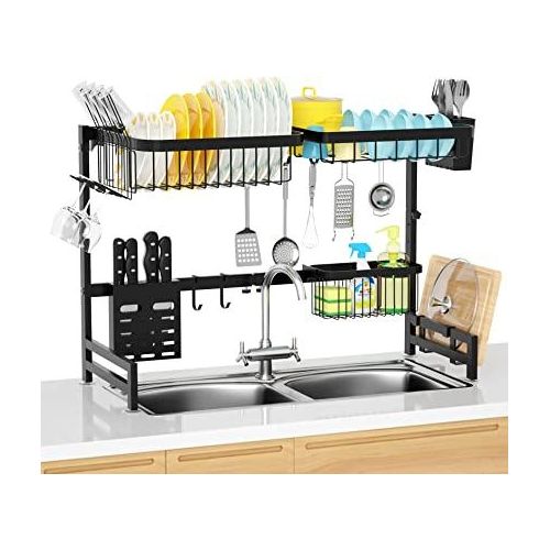 2 Tier Over Sink Stainless Steel Dish Rack with Adjustable Length and Multiple Holders