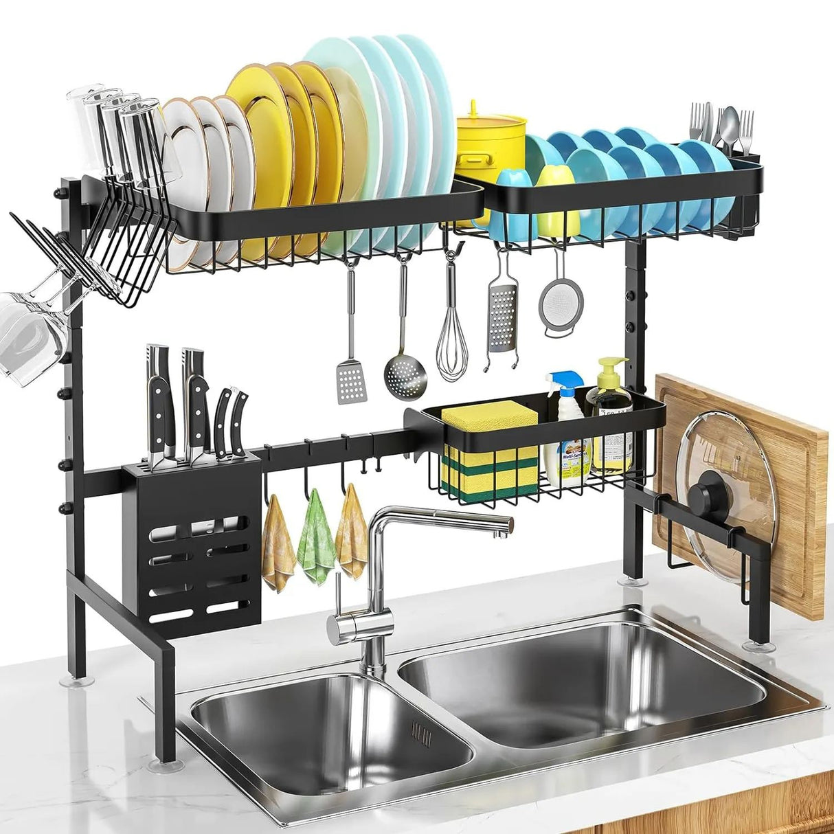 2 Tier Over Sink Stainless Steel Dish Rack with Adjustable Length and Multiple Holders