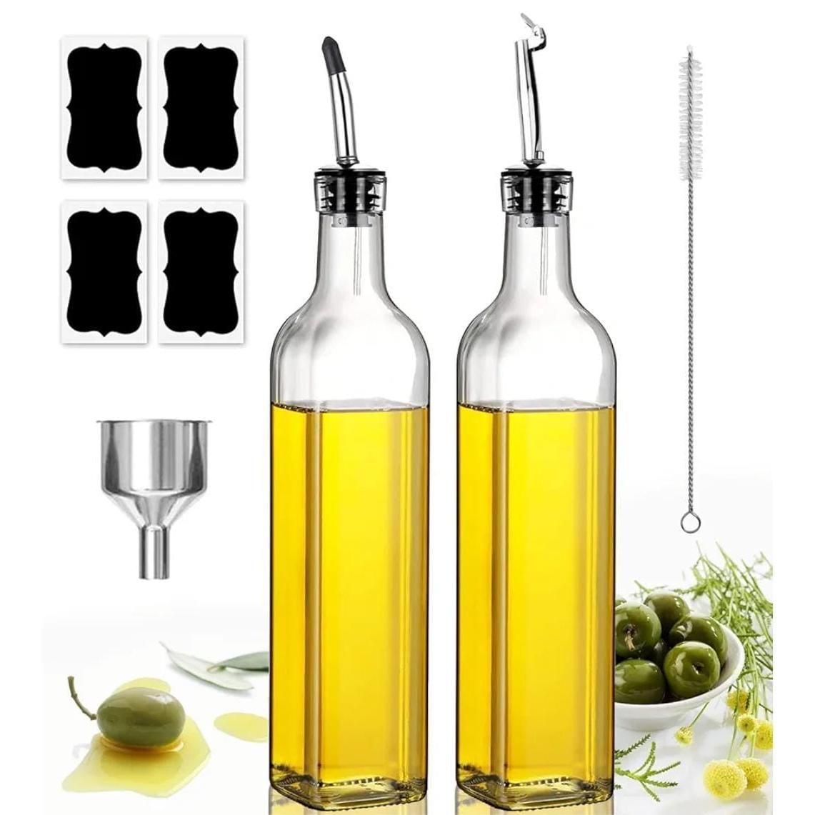 2 in 1 Glass Oil Dispenser Bottle Set with Bamboo Lid and Accessories