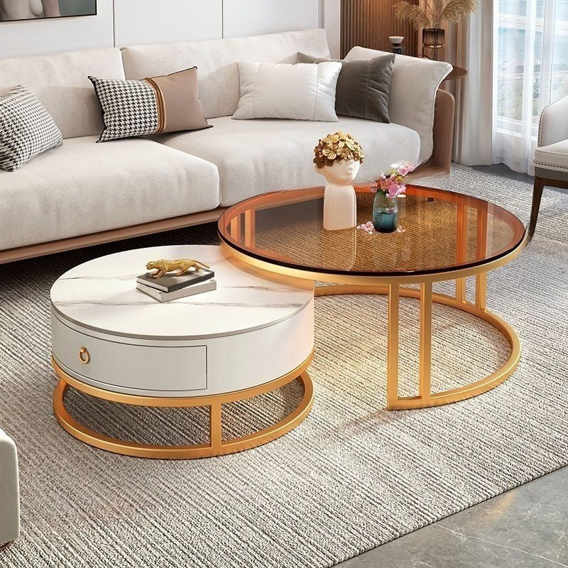2-in-1 Round Nesting Coffee Table – Marble & Black Glass Top with Gold Metal Frame (D70 & D50cm)